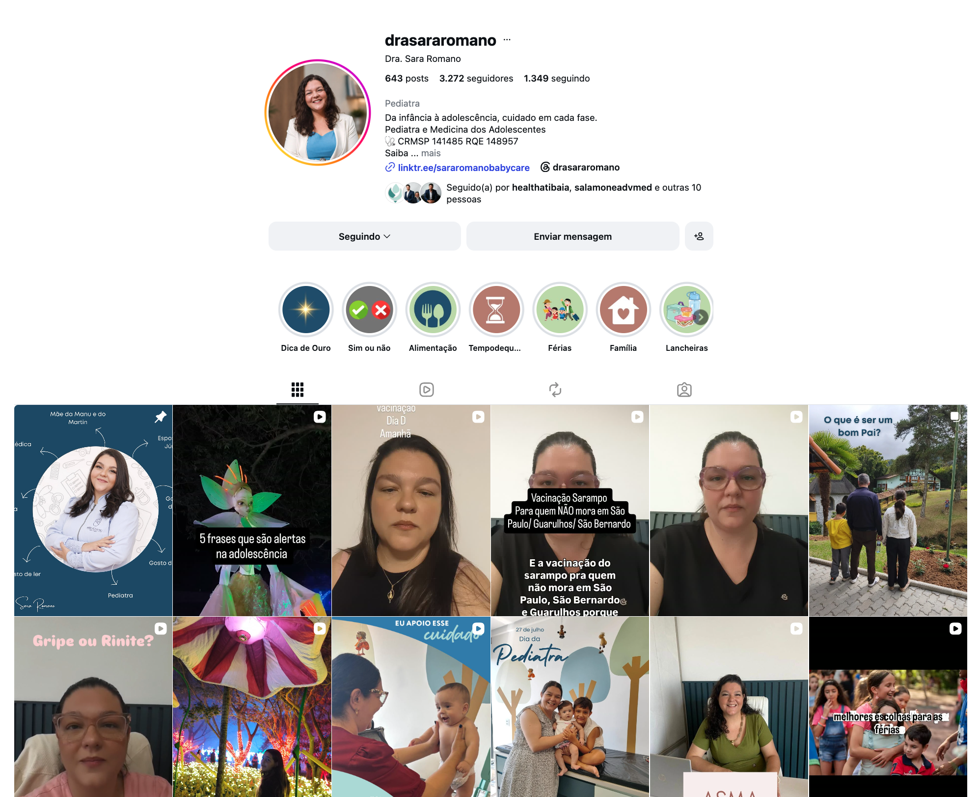 Perfil de Instagram @drasararomano — feed de conteúdo em pediatria
