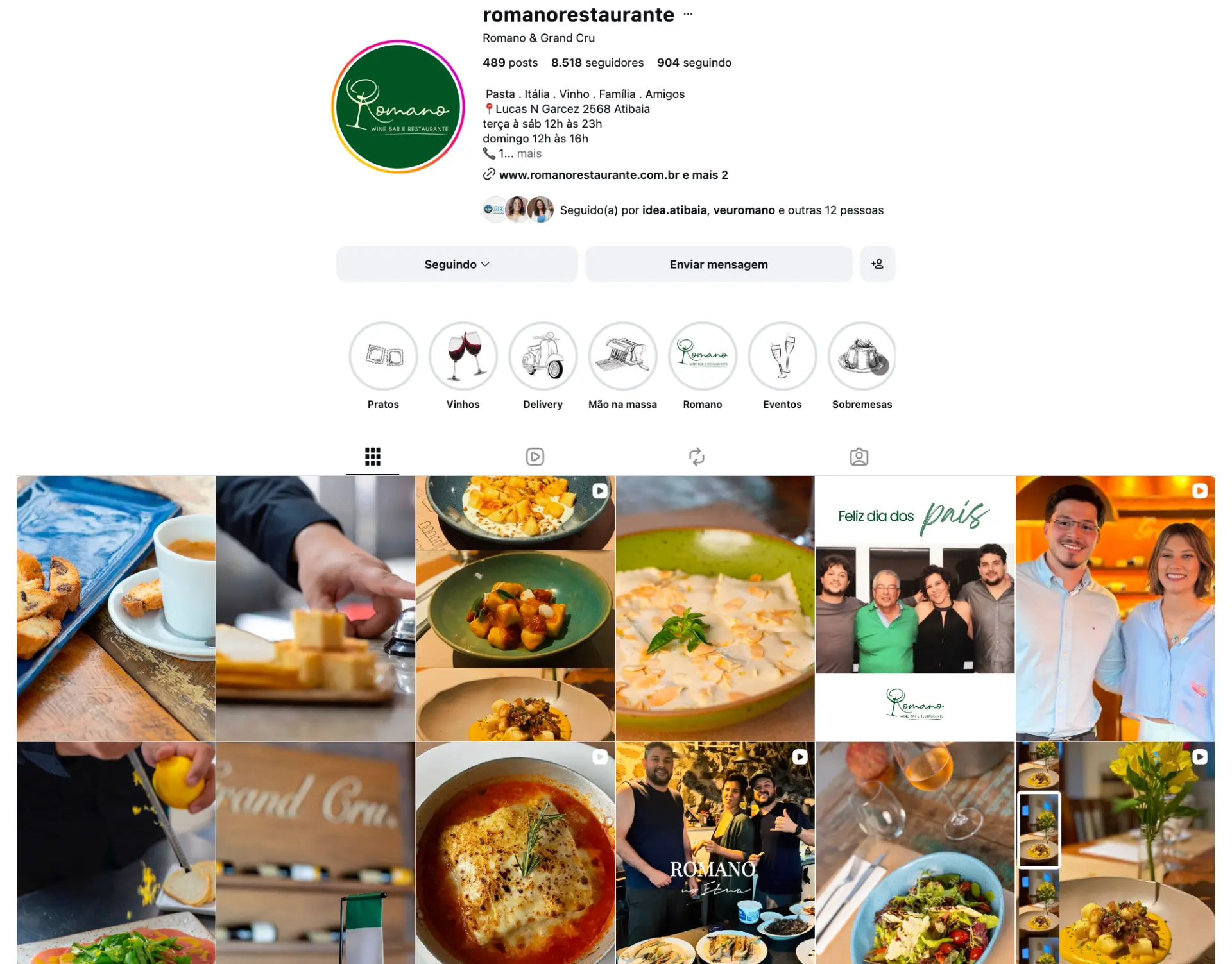 Perfil de Instagram @romanorestaurante — grid de conteúdo gastronômico