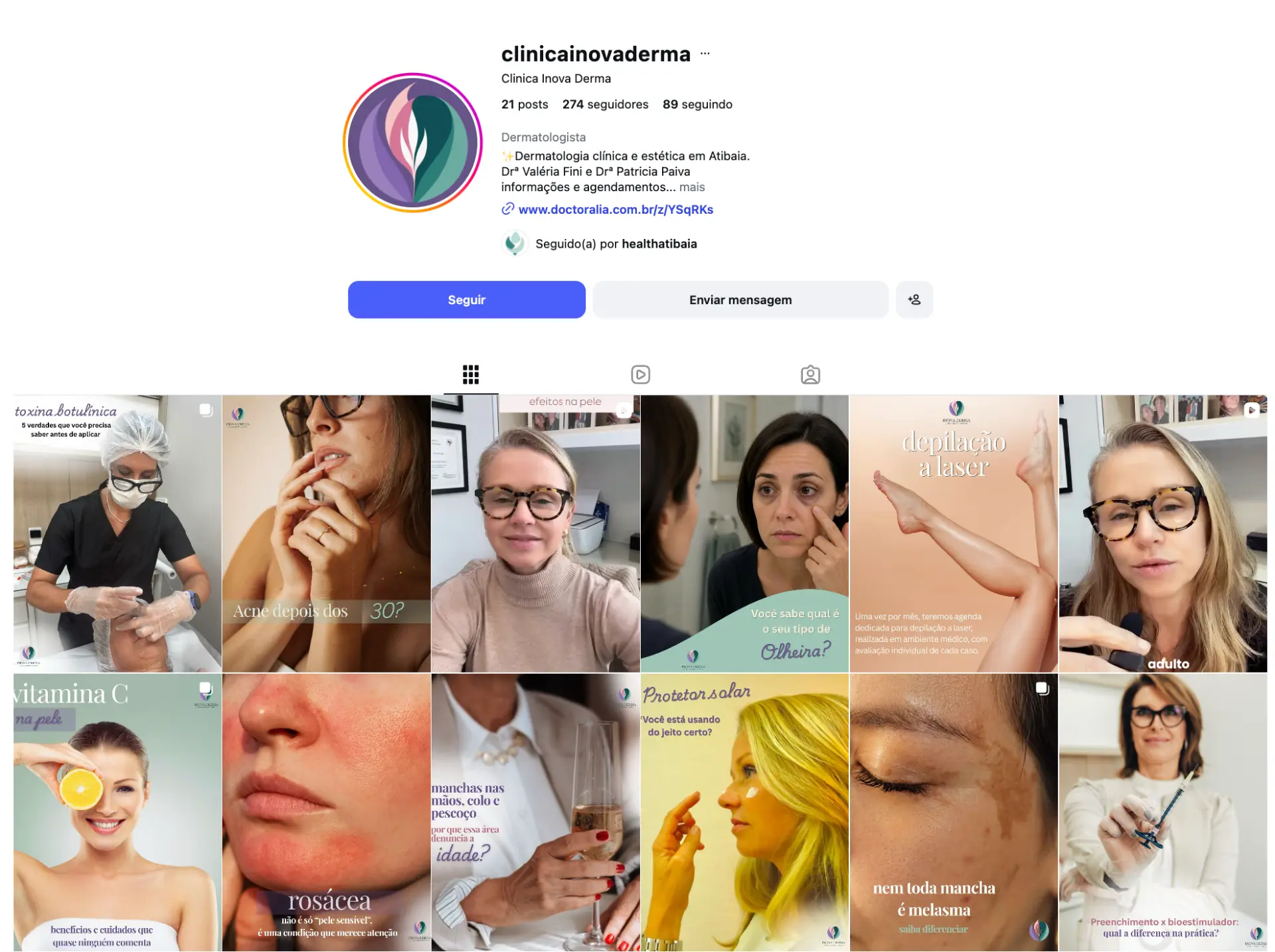 Perfil de Instagram @clinicainovaderma — feed de conteúdo em dermatologia